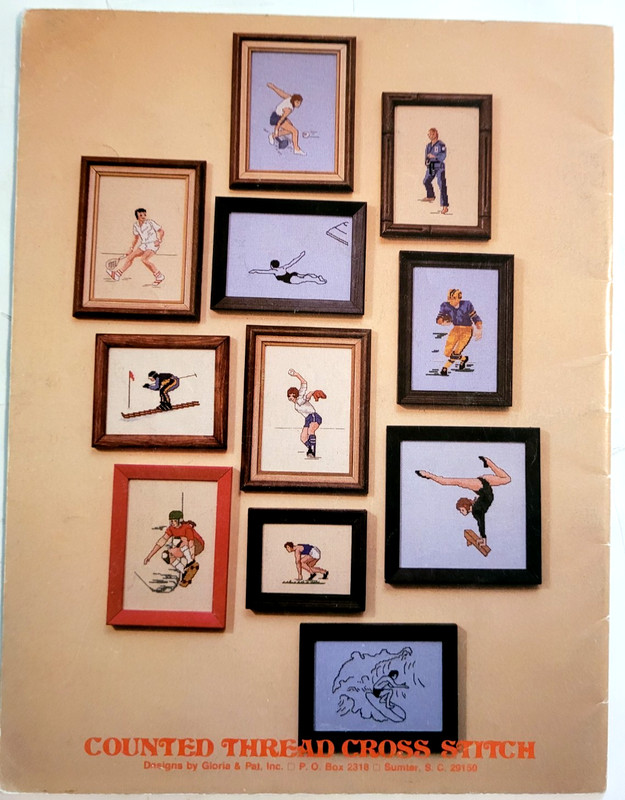 3 sports booklets, 3 different designers, figures, equipment, text, 65 motifs +