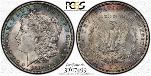 1882-O Morgan Silver Dollar PCGS MS62 Emerald Blue Red Colorful Toning Gorgeous