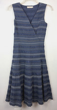 Tory Burch Smocked Midi Dress Womens 2 Fit Flare Sleeveless Blue Embroidered