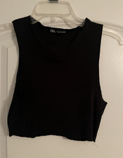 Zara Women  s Black Solid Round Neck Sleeveless Ribbed Knit Tank Cropped Top S