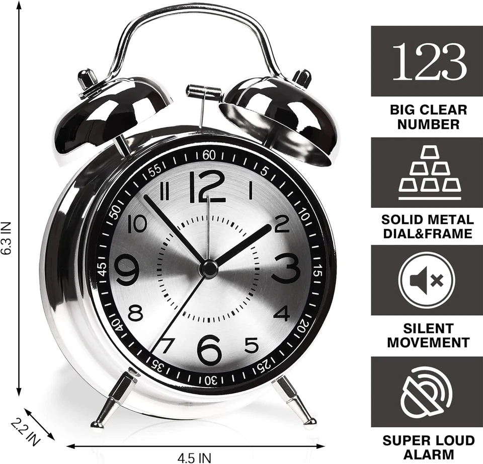 Super Loud Alarm Clock for Heavy Sleepers Adults,Twin Bell Retro 4 Inch Silent N - Image 2 of 4