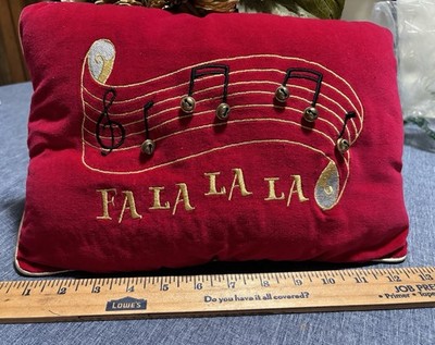 Christmas Music notes Throw Pillow Velvet, Embroidery w/ Brass Bells Fa La La La
