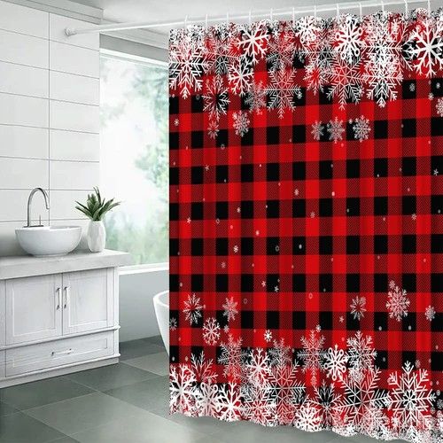 Rustic Christmas Shower Curtain Red Black Buffalo Check Plaid White Snowflake...