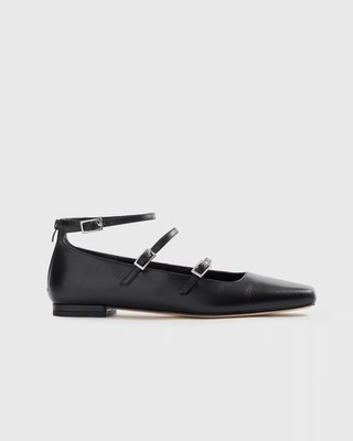 Quince Women Italian Leather Strappy Ballet Flat Black Shoes 6