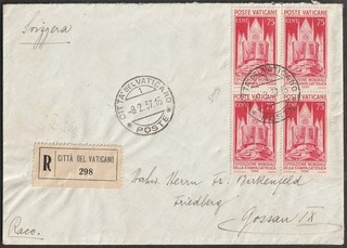 1937 8 FEB VATICAN RACC.PER GOSSAU (SVI) FRANC.CON QUARTINA C.75"EXPO.PRINTA"