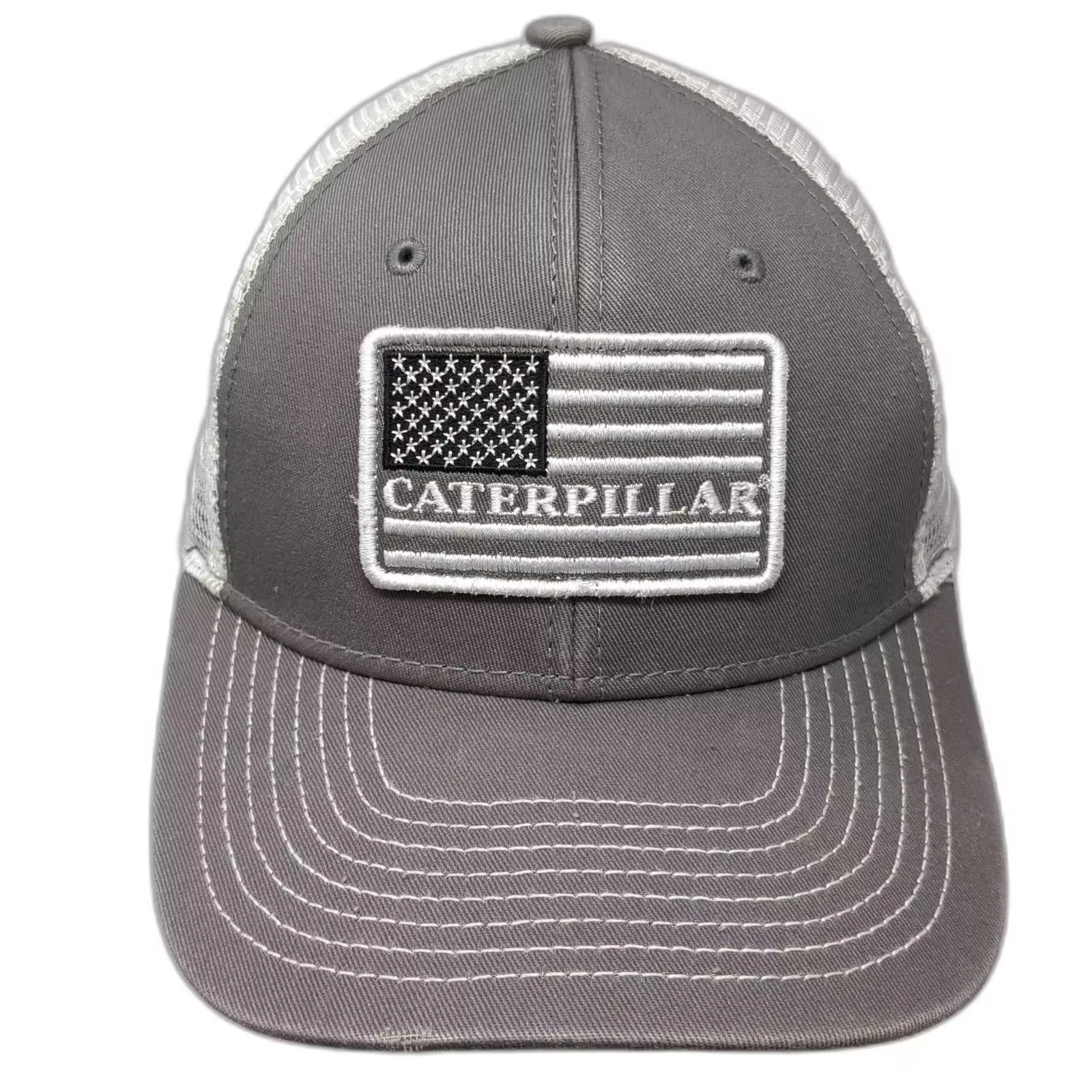 Caterpillar Gray Trucker Hat One Size American Flag Patch Mesh Snapback CAT Logo