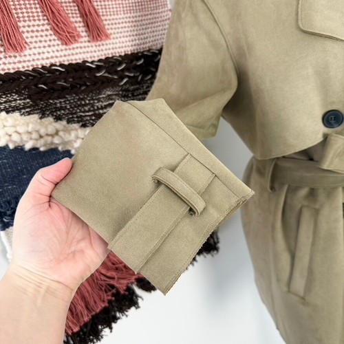 ZARA Faux Suede Short Double-Breasted Trench Coat Olive Green Sz XS - Picture 5 of 12