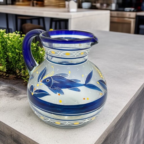 Mexican Art Glass Hand Blown Painted Pitcher Blue Fish Floral Theme Large Jug - Picture 15 of 16