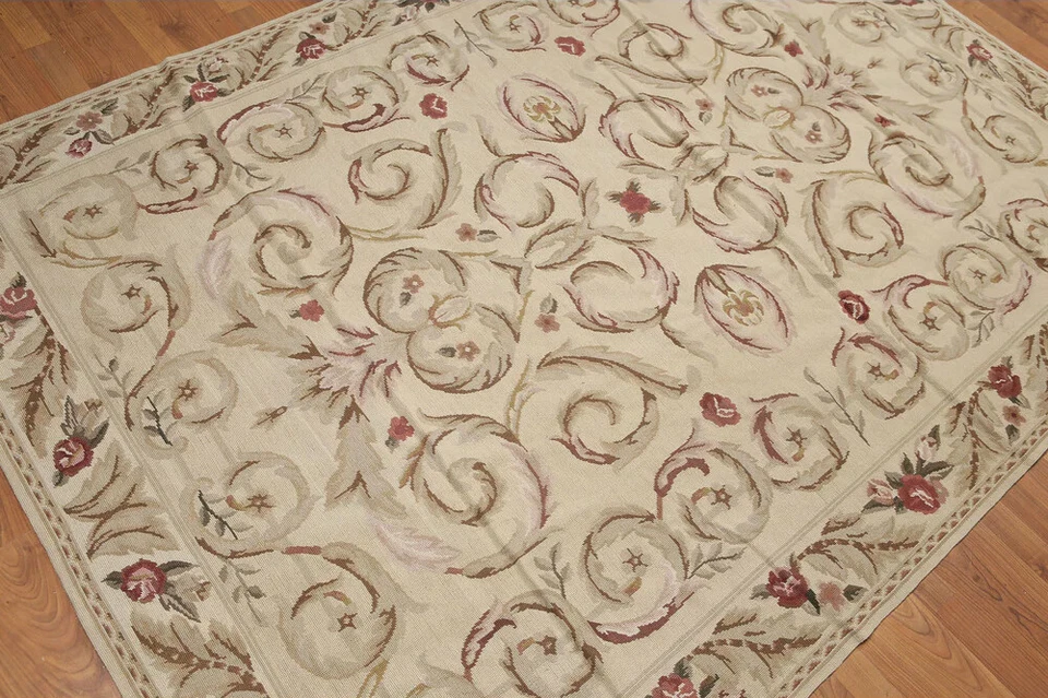 5'5''x7'8" Beige Hand Woven Floral French Flatweave Aubusson Wool Area Rug - Image 2 of 4
