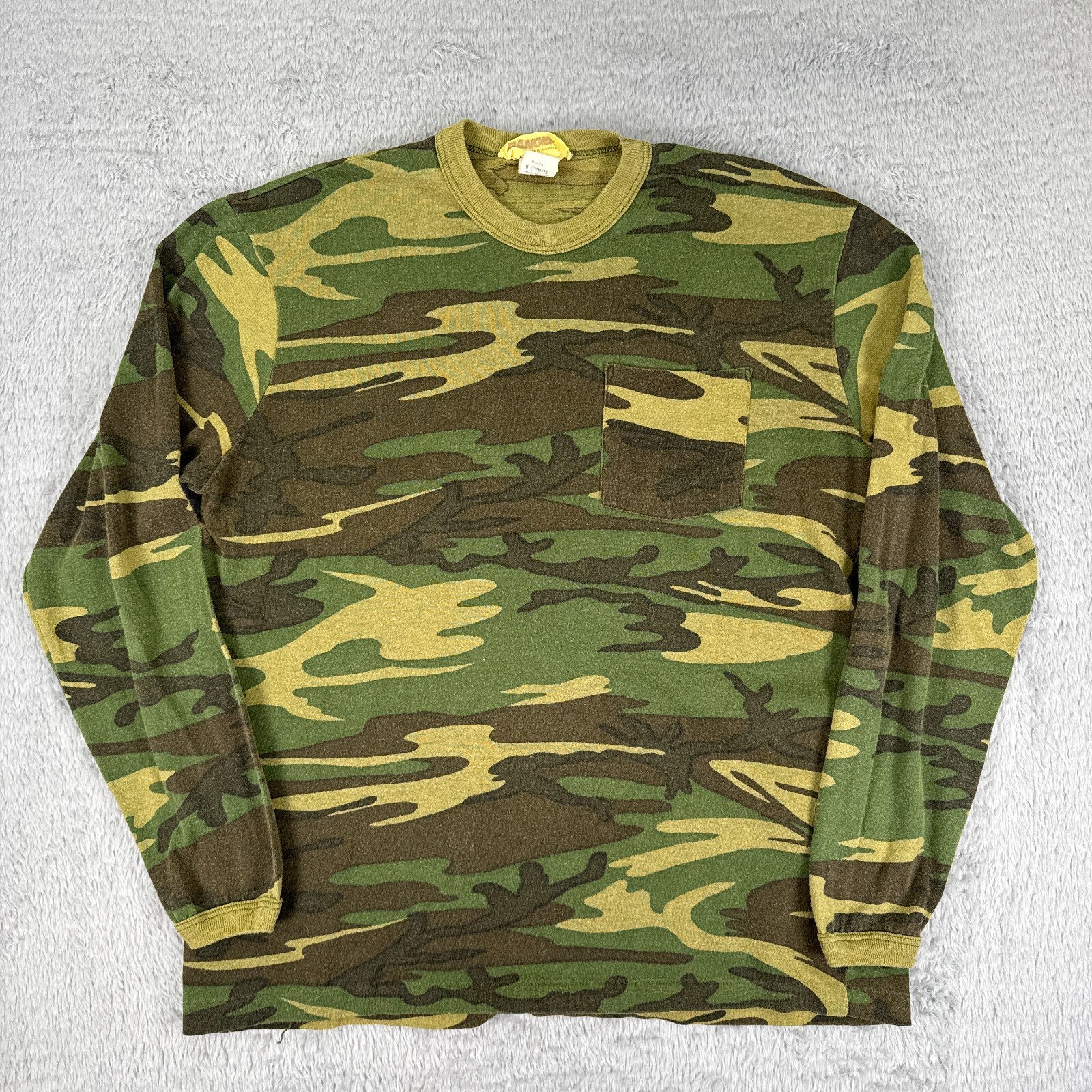 Vintage 80s Ranger Woodland Camo Long Sleeve Pocket Tee Single Stitch Medium fit