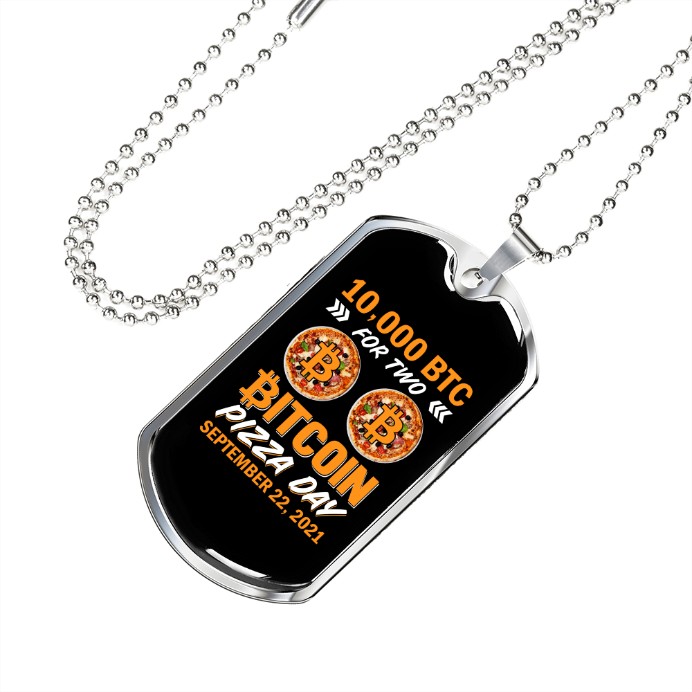 BTC Pizza Crypto Necklace Stainless Steel or 18k Gold Dog Tag 24