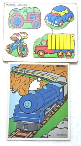 Vintage 1980s Playskool Things With Wheels & Train Making Tracks Board Puzzles - Afbeelding 1 van 3