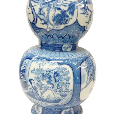 中国手工葫芦形状瓷器蓝色和白色女士肖像花瓶ss628 Ebay