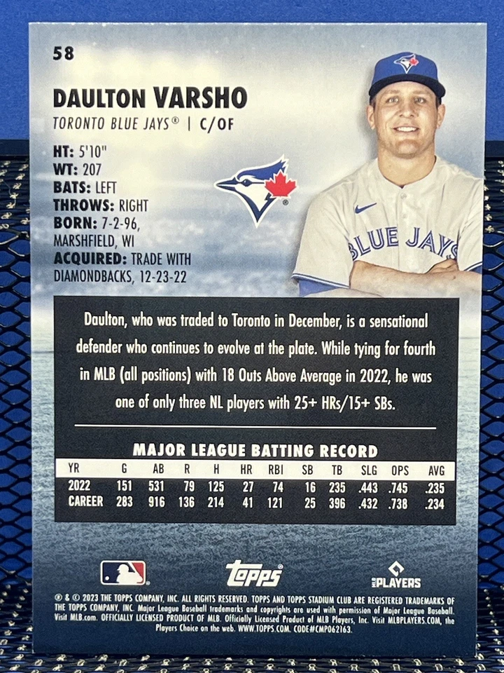 2023 Topps Stadium Club DAULTON VARSHO Blue Jays Base 58 - Image 2 of 2