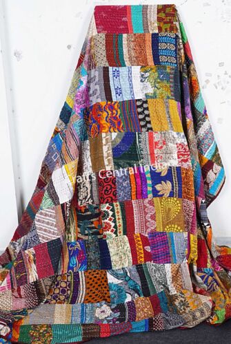 Indyjska ręcznie robiona jedwabna patchwork kantha kołdra bohema narzuta na łóżko koc narzuta - Zdjęcie 1 z 6