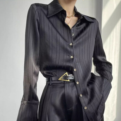Lady Satin Faux Silk Blouse Tops Striped Retro Fashion Soft Button Shirts Blouse