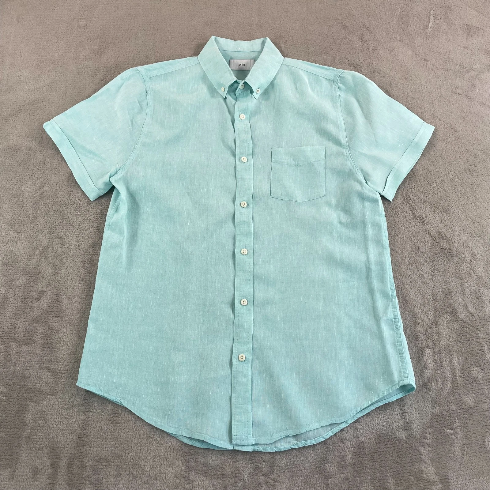 Onia Linen Shirt Men Medium Teal Blue Standard Short Sleeve Designer $150