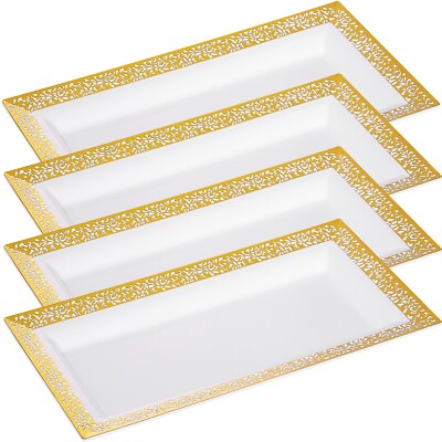 Elegant Plastic Serving Tray & Platter Set (4pk) - White & Gold Rim Disposable 