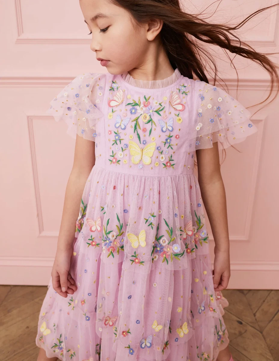 NWT Mini Boden Green Frill Sleeve Tulle Embroidered Party Dress