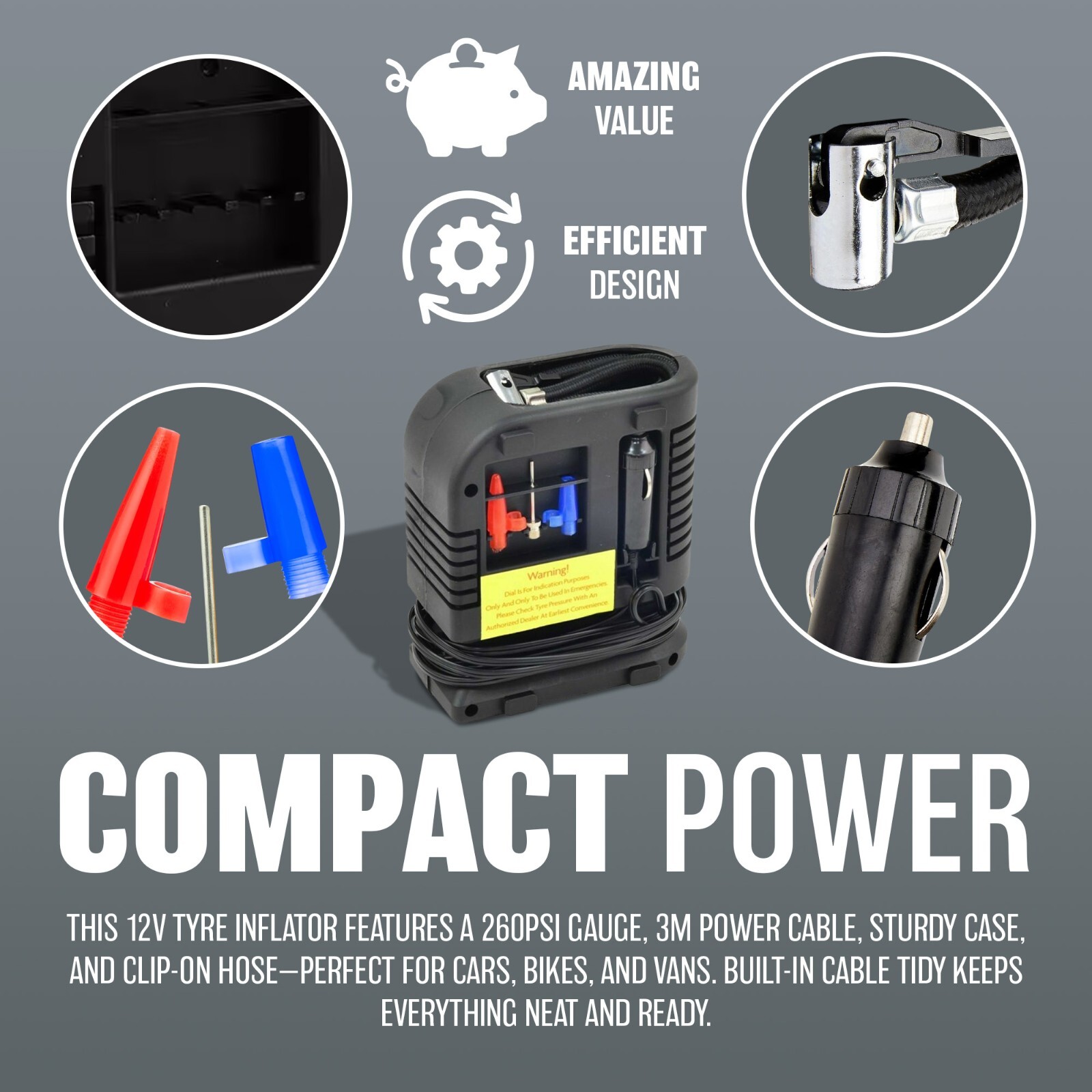 Mini Compressore 12V Pompa Pneumatici Auto Moto Gonfiatore Portatile 260 Psi Quadrante - Miniatura 3