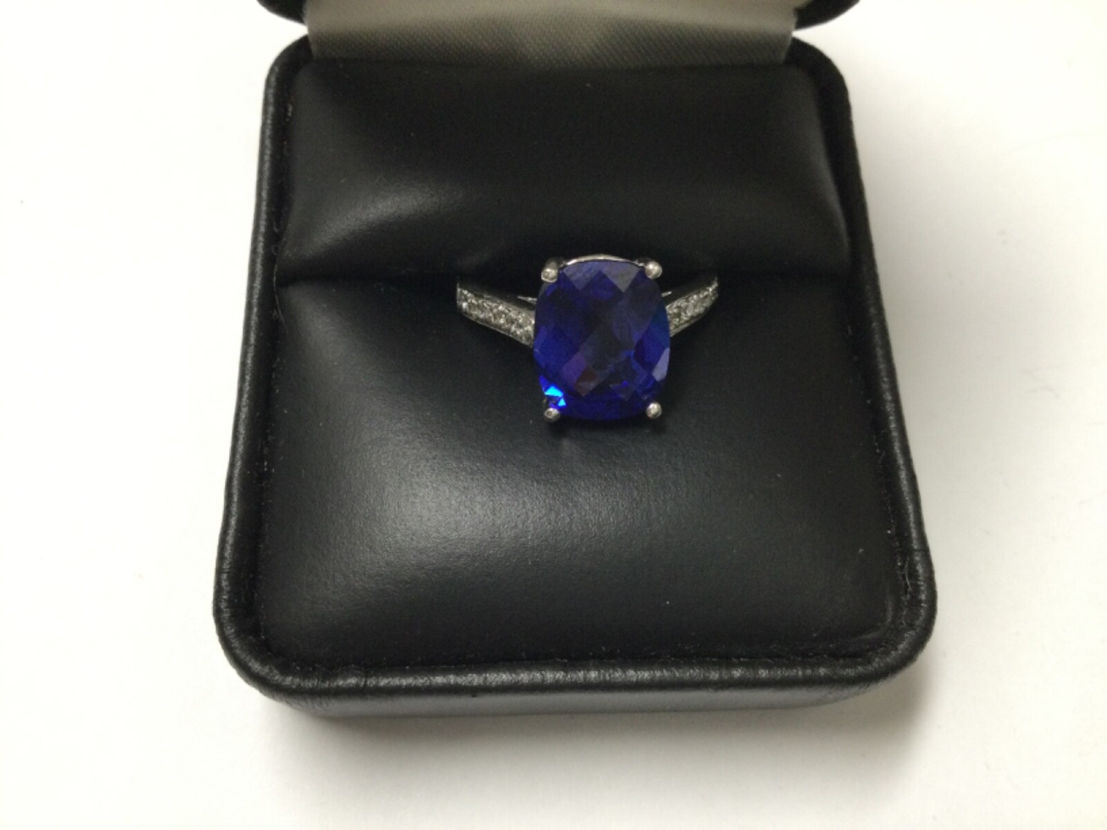 ESTATE STERLING SILVER LAB CREATED CUSHION CUT SAPPHIRE DIAMOND RING SZ