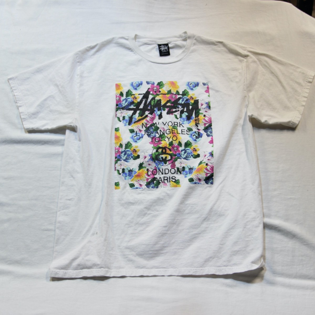 Stussy World Tour NY LA Floral Flower Block T Shirt Script Stussy World Tour NY LA Floral Flower Block T Shirt Script