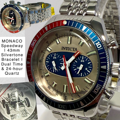 43mm MONACO SPEEDWAY Silvertone Bracelet Dual Time & 24-hour Invicta Mens Watch