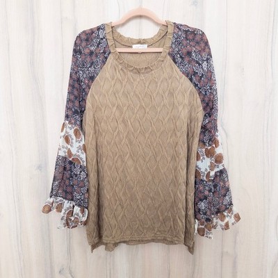 Womens Patchwork Sweater Top Size L Tan Multi Bell Sleeve Boho Forest Fairy Folk