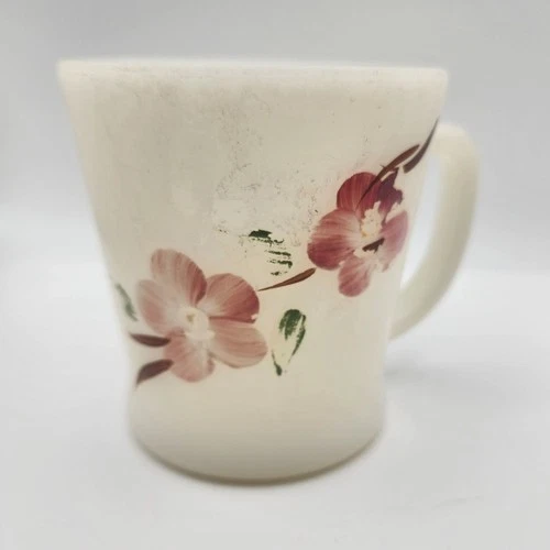 Vintage Anchor Hocking Fire-King Milk Glass Mug With Pink Floral Design