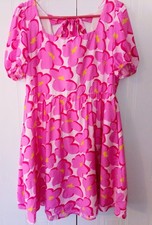 Pink Floral Babydoll Dress XL Puff Sleeve Tie Back Cottagecore Summer Womens