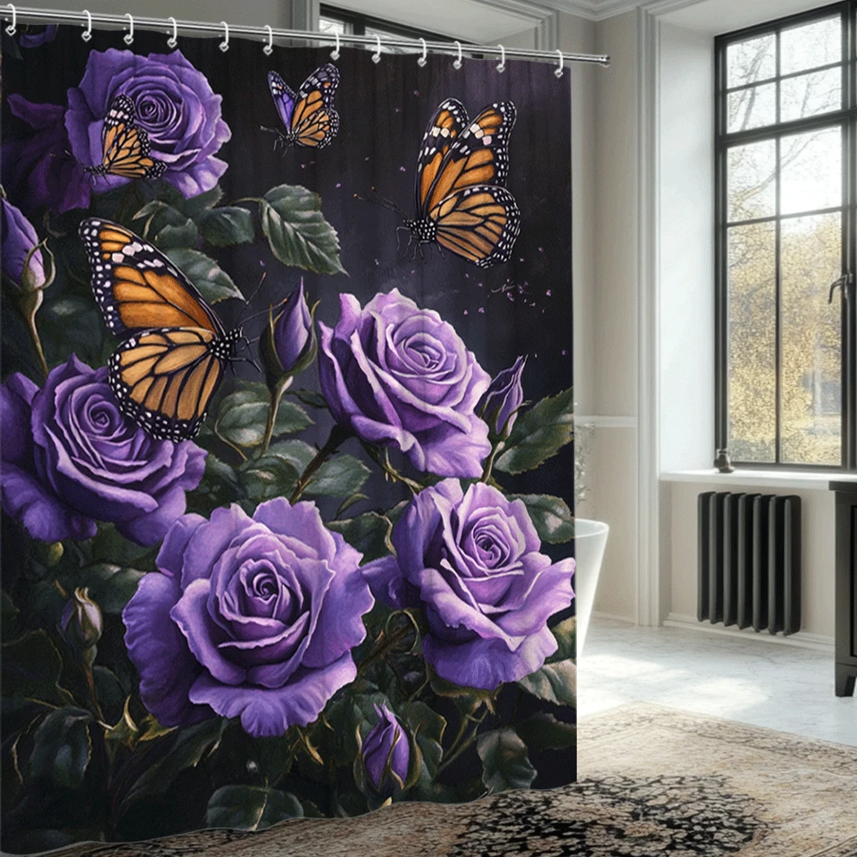 Cortina de chuveiro borboleta rosa roxa floral arte monarca decoração de banheiro - Imagem 3 de 4