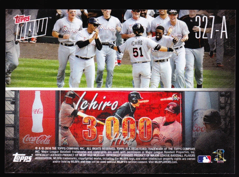 Ichiro Suzuki Marlins 3000 Hits 2016 Topps Now 327-A /1150 Mariner Hall of Fame - Image 2 of 2