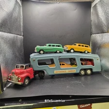 VTG Japan SSS Tin Toy Car Automobile Carrier Friction Red Truck 4 cars TLC