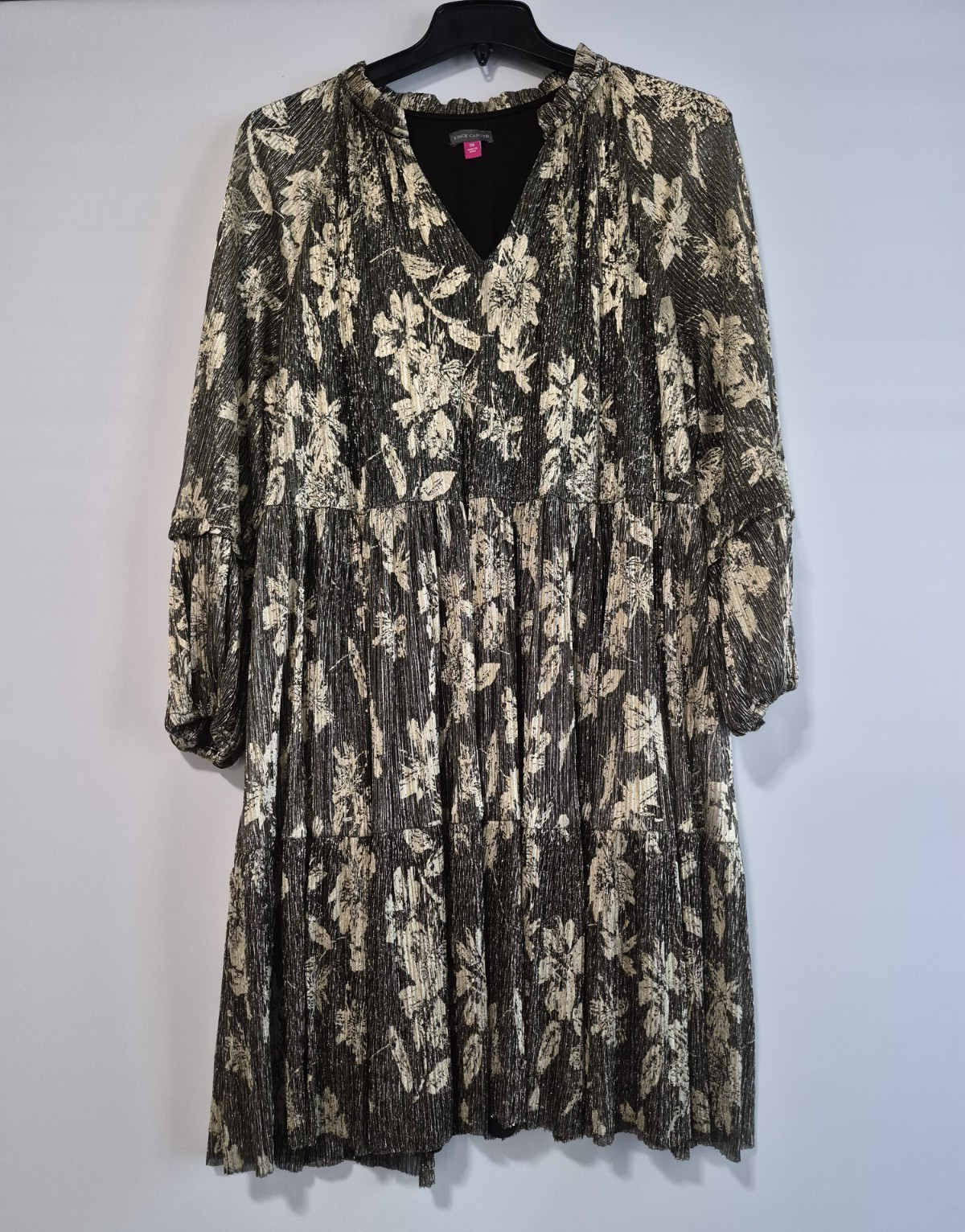 Vince Camuto Black Beige Floral V-Neck Pleated Balloon Sleeve Dress 3X