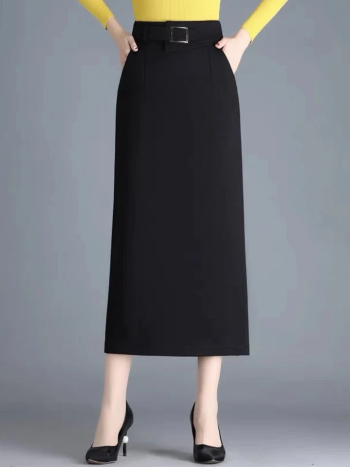 Mujer Negro Falda Midi Cintura Alta Delgada Cadera Abrazo Falda Faldas Rectas abertura Foto 4 de 4