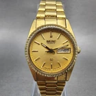 Seiko SQ Watch Women 25mm Gold Dial Gold Tone Daydate Round 2A23-0039 NewBat VTG
