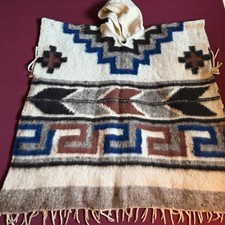 Vintage Poncho Native Southwest Design Retro Wool-Fringed-Hooded