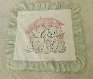Antique HM Embroidered Dog Puppy Pillow Cover w Umbrella & Rain Green Ruffle VTG