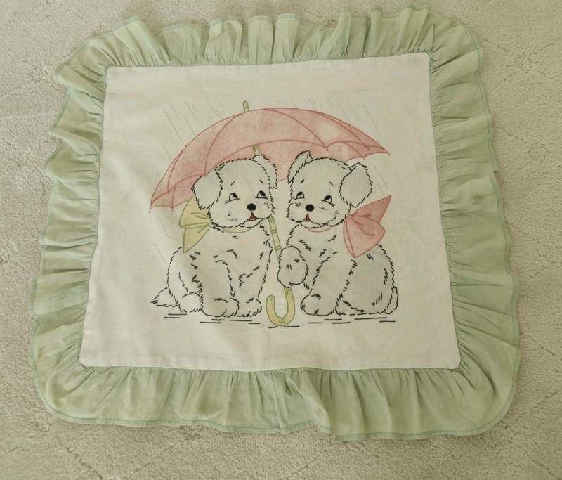 Antique HM Embroidered Dog Puppy Pillow Cover w Umbrella & Rain Green Ruffle VTG