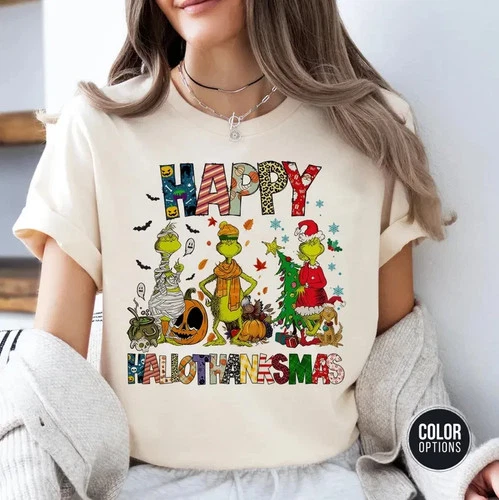 Happy Hallothanksmas Shirt Halloween Thanksgiving Christmas T-Shirt S-3XL - product listing photo