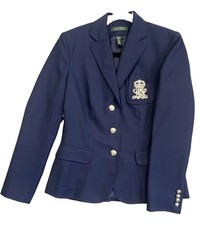 Lauren Women s Blue Crest Patch Embroidered Button-Front Blazer Lined Pockets