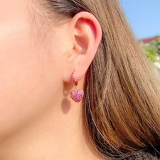 Women Girls Gold Plated Dangle Drop Heart Huggie Hoop Earrings CZ Zircon Jewelry