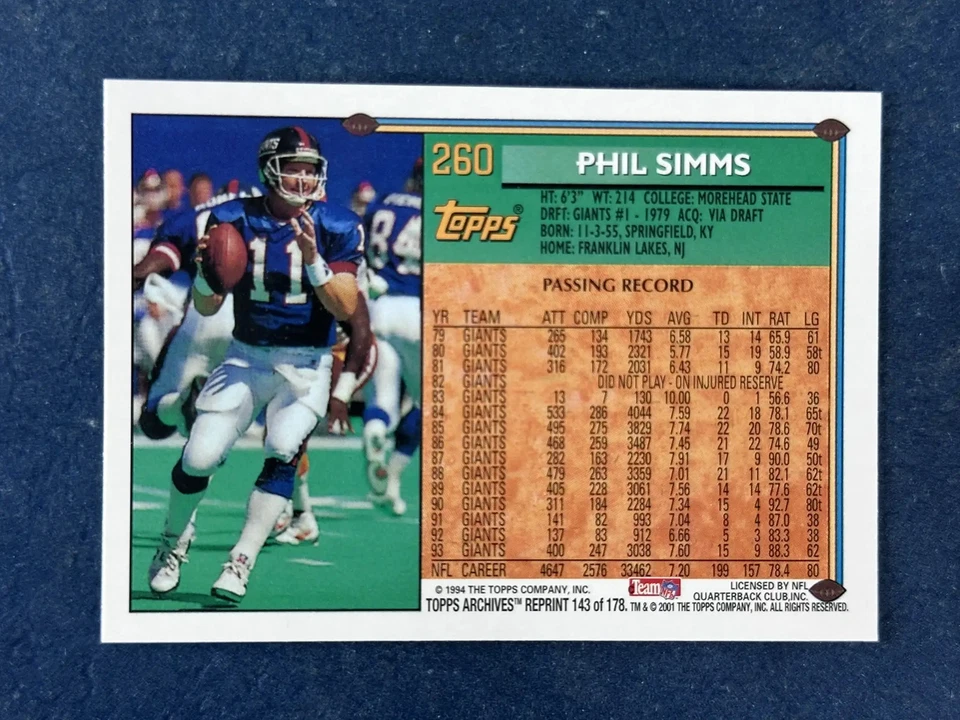 2001 Topps Archives #143 Phil Simms New York Giants - Image 2 of 2