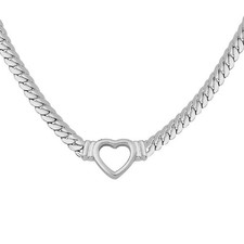 Flat Cuban Link Love Heart Chunky Chain Necklace Gold Stainless Steel Hollow Hea