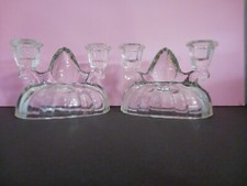 Vintage Heavy Clear Pressed Glass Double Taper Candle Stick Holders Lot of 2
