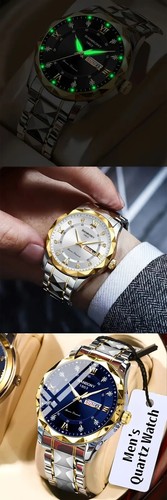 Men Stainless Steel Multifunctional Watch Roman Numerals Dial Rhinestones Gift - Picture 2 of 3