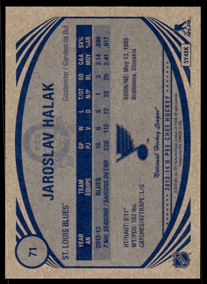 2013-14 O-Pee-Chee Retro Jaroslav Halak St. Louis Blues #71 - Image 2 of 2