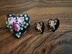 VINTAGE CERAMIC & Enamel Hand Painted Heart Brooch And Screw  Earrings Numbered — photo 1