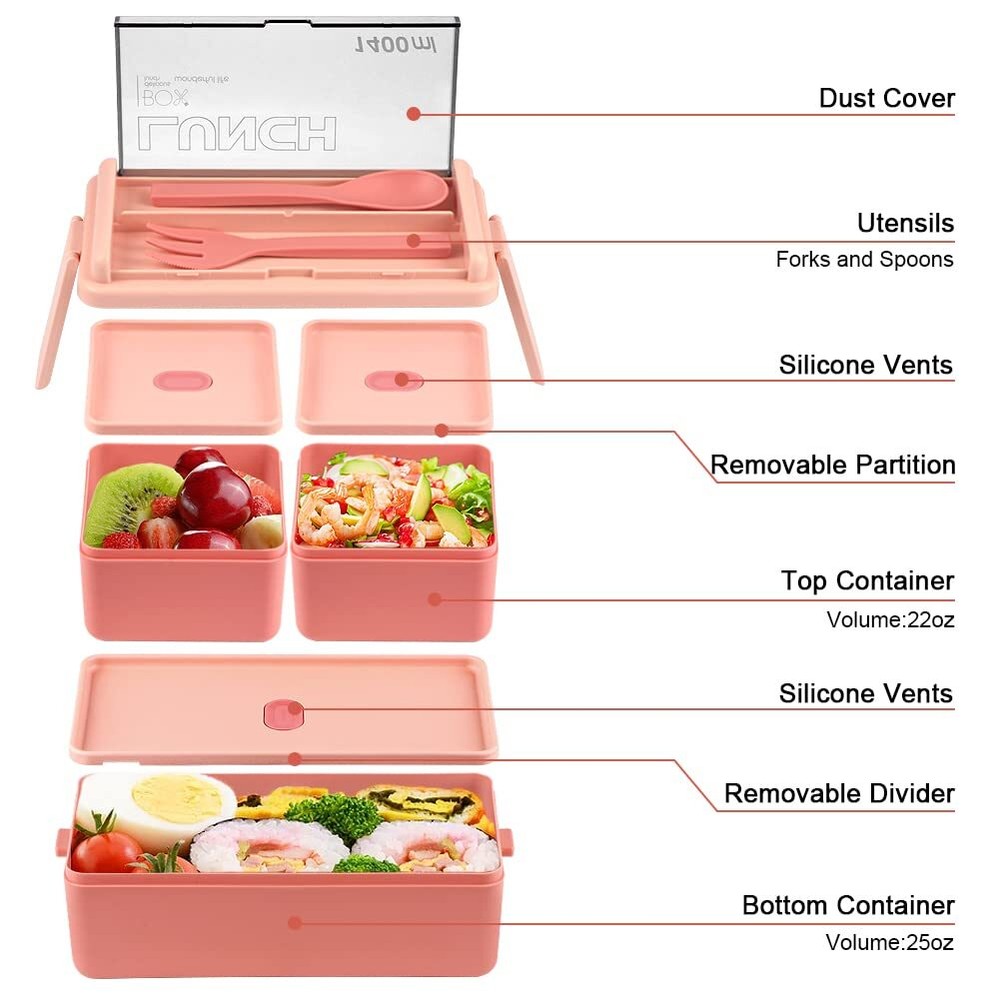 Stackable 3-Compartment Bento Lunch Box for Adults 47oz