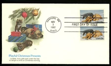 CHRISTMAS 1982 PLAYFUL KITTEN & PUPPY 1982 FLEETWOOD CACHET FDC UNADDR